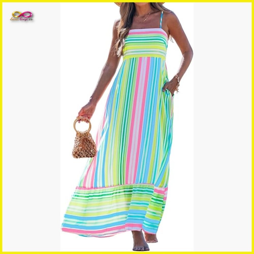 Boho Maxi Dress Spaghetti Strap A-Line Flowy Summer Casual Beach Resort